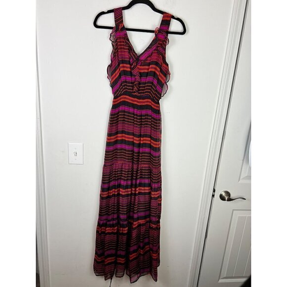 Aryn K V-Neck Sleeveless Striped Maxi Dress Size XS Silk Ruffles Burgundy - Picture 8 of 10